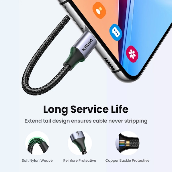 UGREEN 3A USB Typ C-kabel för Realme Xiaomi Samsung S21 Snabbladdningskabel USB-C Laddare Datakabel för iPad Samsung Poco USB C Durable PVC Black 2m