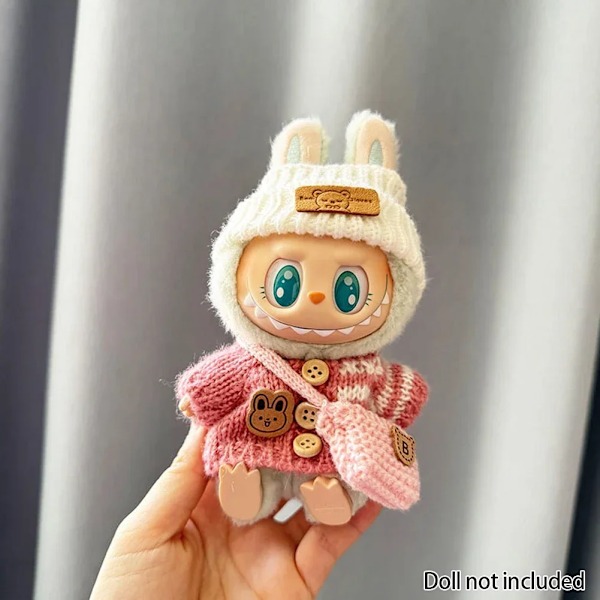 Kläder för 15-17 cm v1v2 Labubu, outfit Labubu Sittande Party Bear, Etikett, Halsduk, Hatt, Väska, Docktillbehör, Söt Dekoration Pink 1 Set no doll