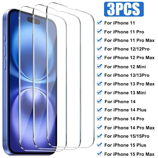 3-pack Härdat Glas för iPhone 15 14 13 12 11 Pro Max Mini X XS Max XR 15 Plus Skärmskydd Film för iPhone 16 Pro Max 16E For iPhone 16 Plus 3PCS Glass