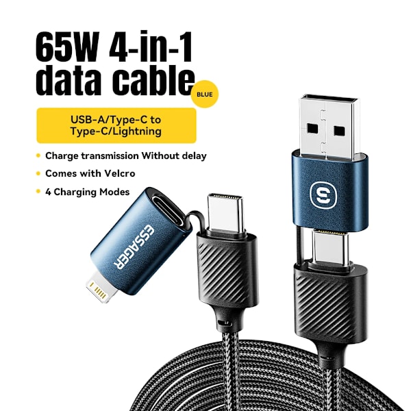 Essager 4 i 1 USB-kabel Typ C 65W PD Snabbladdningskabel Typ C Till Typ C-kabel För iPhone 16 15 14 Pro Max iPad HUAWEI Xiaomi 65W 4 in 1 blue 1M