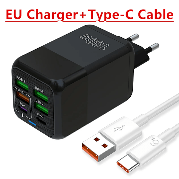 150W 6 Portar Pd QC 4.0 Usb C Snabbladdare Väggadapter Supersnabb Laddning För Iphone Samsung Ipad Xiaomi Huawei Oneplus Oppo EU BLACK and Cable