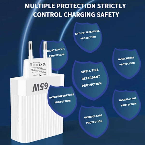 65W USB Laddare PD Typ C Flera 5 Portar Universell Snabb Snabbladdning Mobiltelefon Väggadapter för Iphone 15 Pro Xiaomi 14 White EU Plug