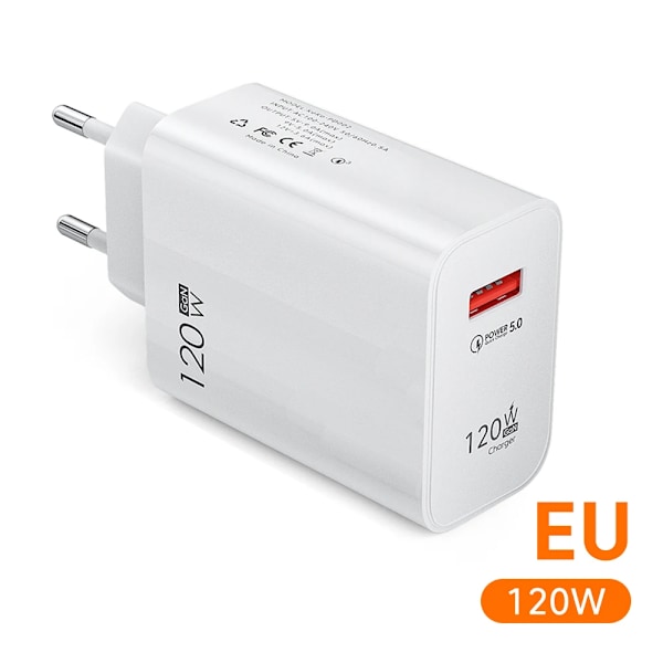 120W USB-laddare Snabbladdning QC3.0 USB C-kabel Typ C-kabel Mobiltelefonladdare För iPhone Huawei Samsung Xiaomi Snabbladdning EU-White