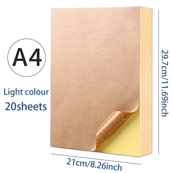 20 ark A4 Vit/Kraft Utskrivbar Klistermärke Självhäftande Etikett Matt glansigt Pappersark för Laser Bläckstråleskrivare Kopiator A4 Light 20sheets