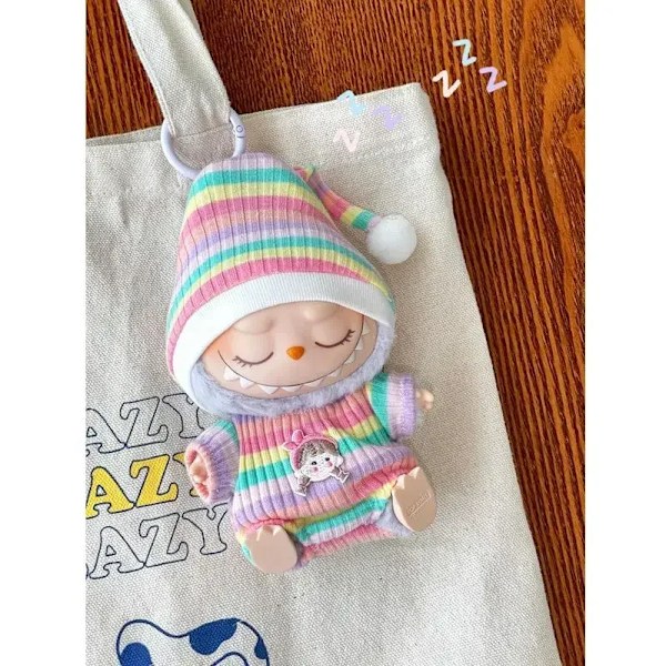 17cm Mini Plyschdockas Kläder Outfit Tillbehör För Korea Kpop Labubu Idol Sittande Fest V1 V2 Höst onesie hatt set Kläder 01 no doll