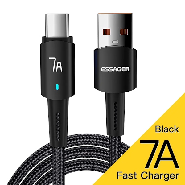Essager 7A Typ C USB-kabel för Samsung S10 Xiaomi Huawei P30 P40 Pro Mobiltelefon 100W Snabbladdning USB Typ C Datakabel Black 2M