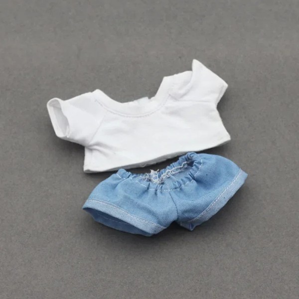 Dockkläder Outfit Tillbehör För Korea Kpop Exo 15-17cm Labubu Idol Dockor 10cm cotoon docka T-shirt denim shorts set Kläder White T light denim no doll