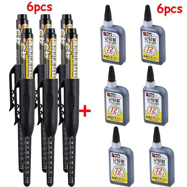 1-6 st 45 mm Vattentät Lång Huvud Nib Djupa Hål Markörer Penna Kakel Snickarpenna Multifunktionell för Träbearbetning Svart/Blå/Röd Bläck black 6pen 6ink
