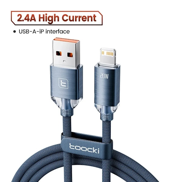 Toocki USB-kabel för iPhone 14 13 12 Pro Max 2.4A Snabbladdning Lightning-kabel Datakabel för iPhone 8 7 6 5 Plus AirPods Blue 2m