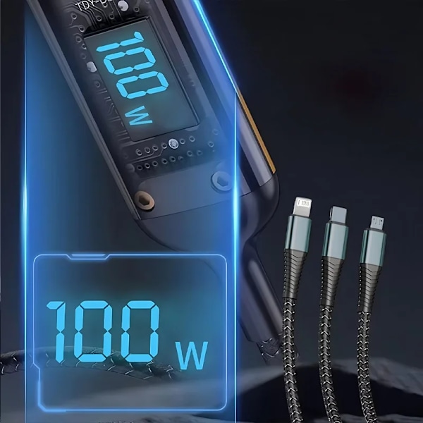 3-i-1 100W Transparent Pilotlampa Supersnabb Laddningskabel Universell med Typ C Usb Micro för Iphone Samsung Huawei Xiaomi 6A black 2m