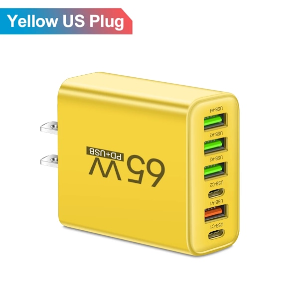 Ny Total 65W GaN USB Snabbladdare Typ C PD Kabel Snabbladdning Mobiltelefon Strömadapter för iPhone 16 Pro Xiaomi Samsung Huawei EU Plug Yellow