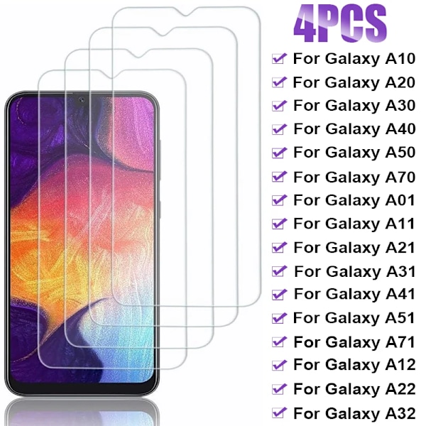 Härdat glas för Samsung Galaxy A50 A70 A40 A30S A20E A10 skärmskydd för Samsung A51 A71 A41 A31 A21S A11 A01 A12 A32 For A21 4Pcs Glass