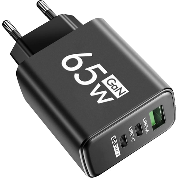 Total 65W USB PD GaN Laddare 3 Portar Snabbladdning Typ C Telefonladdare Adapter För iPhone15 Xiaomi Samsung Oneplus Väggadapter EU Black