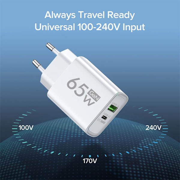 65W GAN Laddare USB Typ C Laddare Mobiltelefonladdare Snabbladdning För iPhone 14 13 Xiaomi Samsung Quick Charge 3.0 EU Black