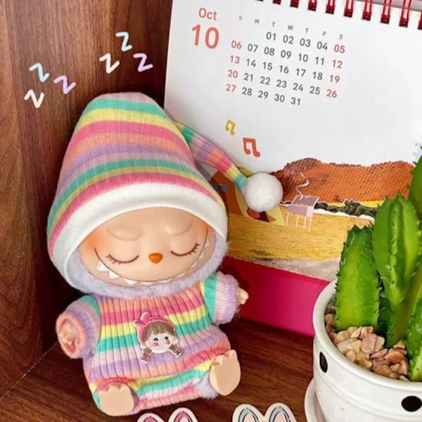17cm Mini Plyschdockas Kläder Outfit Tillbehör För Korea Kpop Labubu Idol Sittande Fest V1 V2 Höst onesie hatt set Kläder 18 no doll