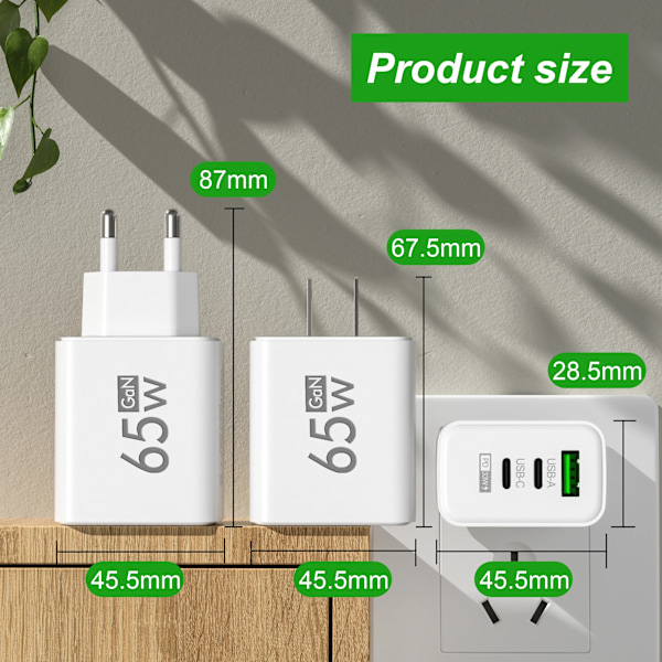 Total 65W USB PD GaN Laddare 3 Portar Snabbladdning Typ C Telefonladdare Adapter För iPhone15 Xiaomi Samsung Oneplus Väggadapter EU White