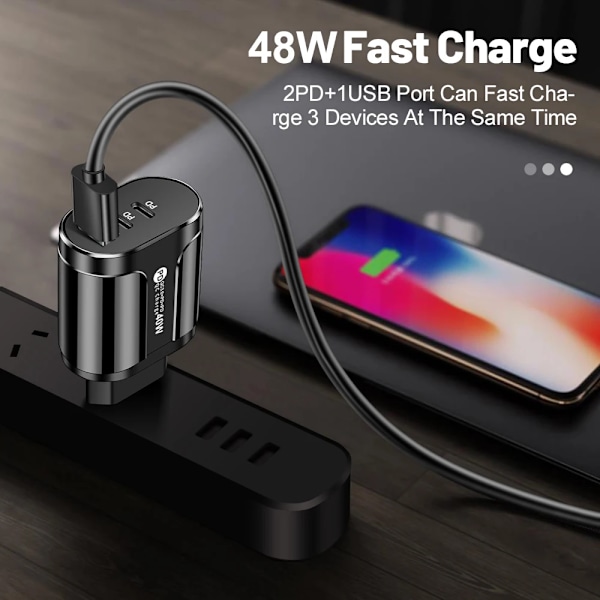 40W Telefonladdning PD Snabbladdning USB QC3.0 Multipla 3 Portar Typ C Kontakt Mobiltelefonadapter för Xiaomi Höghastighets Väggladdare EU White