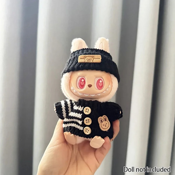 Kläder för 15-17 cm v1v2 Labubu, outfit Labubu Sittande Party Bear, Etikett, Halsduk, Hatt, Väska, Docktillbehör, Söt Dekoration Hat black Sweater no doll