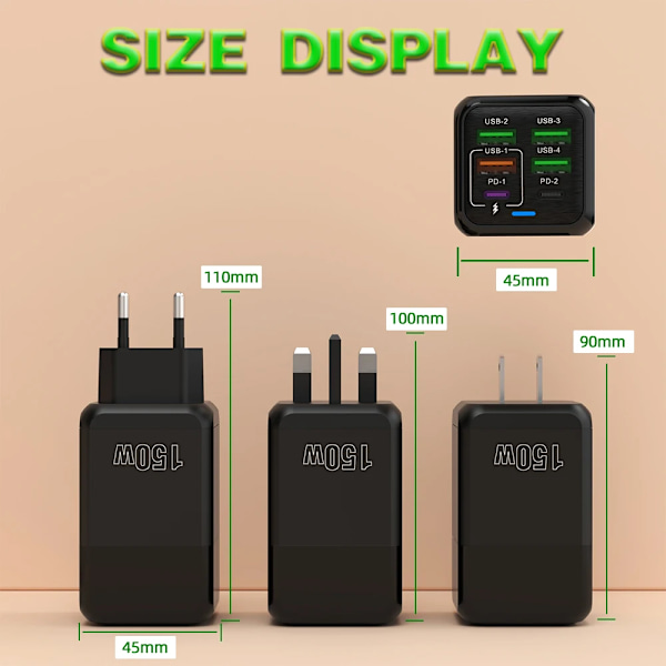150W 6 Portar Pd QC 4.0 Usb C Snabbladdare Väggadapter Supersnabb Laddning För Iphone Samsung Ipad Xiaomi Huawei Oneplus Oppo EU BLACK