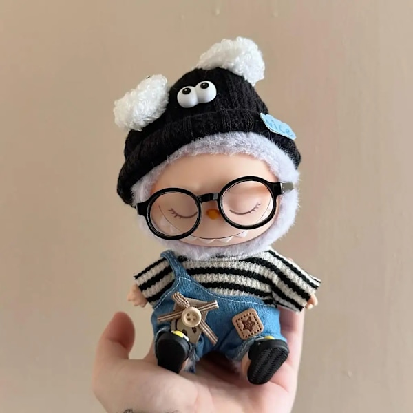 17cm Mini Dockkläder Outfit Tillbehör För Korea Kpop Exo Labubu Idol V1 V2 Randig tröja overall glasögon hatt Kläder 04 no doll