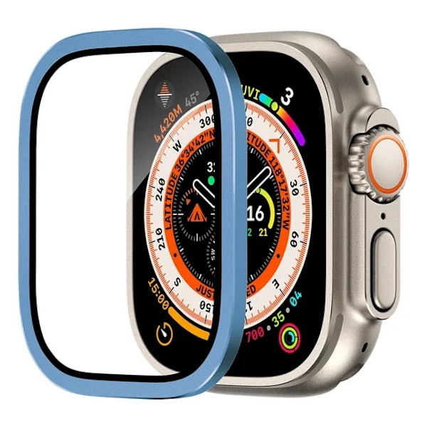 HD Härdat Glas Film Skal för Apple Watch Ultra 49mm Aluminiumlegering Metallram Skärmskydd för iWatch Ultra 49mm Skal Blue For Ultra 49MM