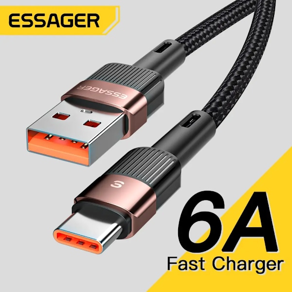 Essager 6A Typ C USB-kabel Snabbladdning För Huawei P40 Pro P30 66W Sladd Laddare Datakabel För Samsung S21 Ultra S20 Poco Black 2m
