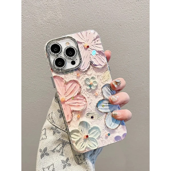 Lyxiga Blommor Glitter Laser Skal för iPhone 16 Pro Max 15 14 Plus 13 12 11 Diamant Mjukt Stötsäkert Linsskydd JT grey flowers For iPhone 11 Pro Max