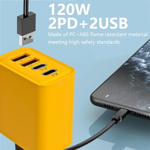 120W Snabbladdning 4 Portar Mobiltelefonladdare QC3.0 USB Typ C Laddare Dubbel PD Väggadapter EU/US/UK Kontakt för IPhone15 Xiaomi EU Set