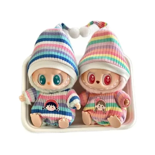 17cm Mini Plyschdockas Kläder Outfit Tillbehör För Korea Kpop Labubu Idol Sittande Fest V1 V2 Höst onesie hatt set Kläder 18 no doll