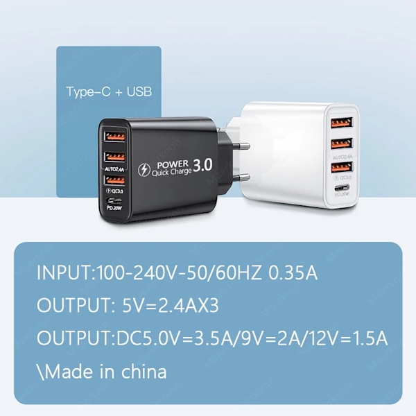Total 60W USB C Laddare Snabbladdning 4 Portar Typ C Telefonladdare Adapter För iPhone 15 Xiaomi Samsung EU/US Kontakt Väggladdare EU Plug Black