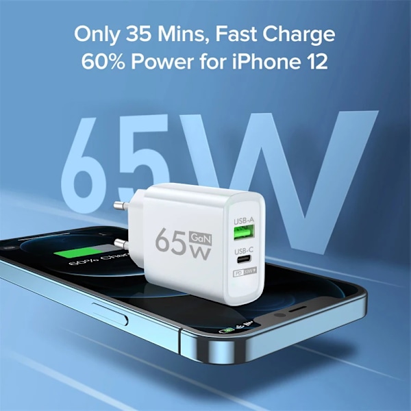 65W GAN Laddare USB Typ C Laddare Mobiltelefonladdare Snabbladdning För iPhone 14 13 Xiaomi Samsung Quick Charge 3.0 EU Black