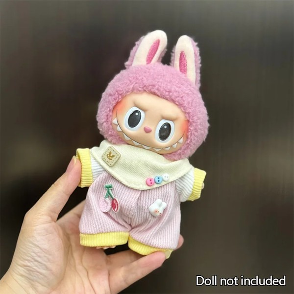 17cm Mini Plyschdockas Kläder Outfit Tillbehör För Korea Kpop Labubu Idol Sittande Fest V1 V2 Höst onesie hatt set Kläder 07 no doll