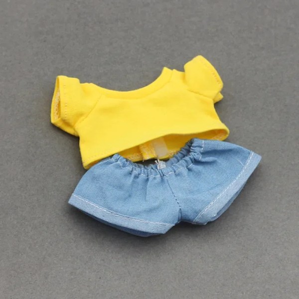 Dockkläder Outfit Tillbehör För Korea Kpop Exo 15-17cm Labubu Idol Dockor 10cm cotoon docka T-shirt denim shorts set Kläder Yellow T Light denim no doll