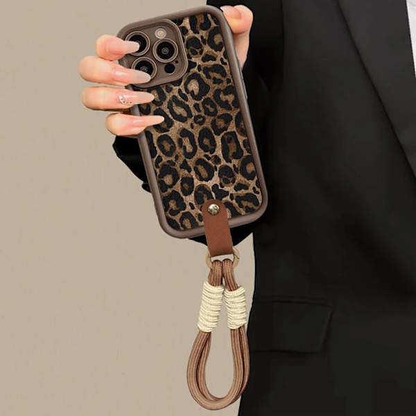 Vinter Leopardtryck Telefonkedja Fodral För iPhone 16 15 14 13 11 12 Pro Max Plus Söt Kort Nylon Snodd Hängande Repskydd Whit Chain For iphone 15Plus