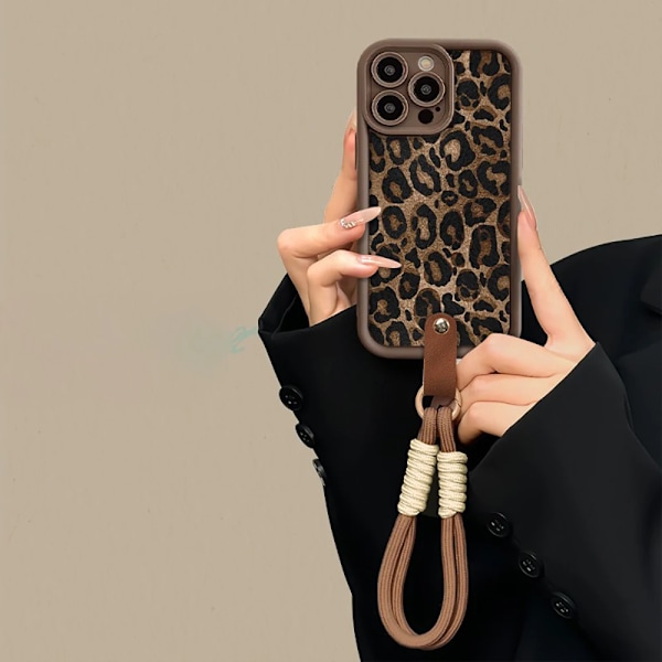 Vinter Leopardtryck Telefonkedja Fodral För iPhone 16 15 14 13 11 12 Pro Max Plus Söt Kort Nylon Snodd Hängande Repskydd Whit Chain For iphone 15Plus