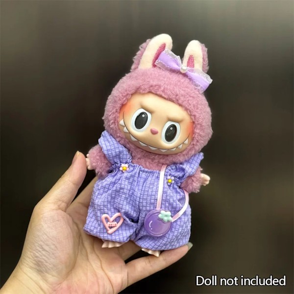 17cm Mini Plyschdockas Kläder Outfit Tillbehör För Korea Kpop Labubu Idol Sittande Fest V1 V2 Höst onesie hatt set Kläder 12 no doll