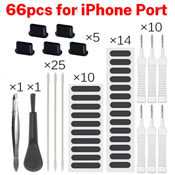 66 Delars Rengöringsset för Mobiltelefonhögtalare och Laddningsport, Dammskydd för iPhone 16 15 14, Rengöringskit med Borste för Samsung Xiaomi 66PCS for iOS Port