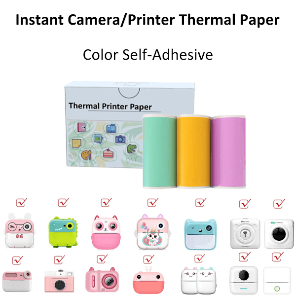 10 Rullar Termopapper Kamera Utskrift Vit Barnkamera Träfiber Instant Print Barn Rullpapper Miniskrivartillbehör 3 Color Sticky B