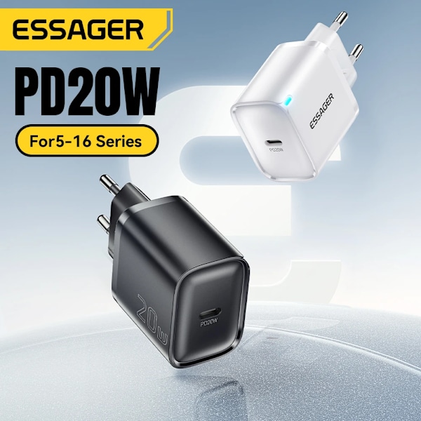 Essager Mini 20W USB Typ C Laddare PD Snabbladdning för iPhone 16 15 14 Pro Quick Charge 3.0 Mobiltelefonladdare för Samsung 20W Black EU Plug