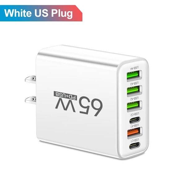 Ny Total 65W GaN USB Snabbladdare Typ C PD Kabel Snabbladdning Mobiltelefon Strömadapter för iPhone 16 Pro Xiaomi Samsung Huawei EU Plug White