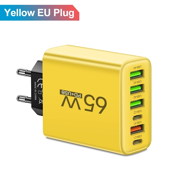 Ny Total 65W GaN USB Snabbladdare Typ C PD Kabel Snabbladdning Mobiltelefon Strömadapter för iPhone 16 Pro Xiaomi Samsung Huawei EU Plug Yellow