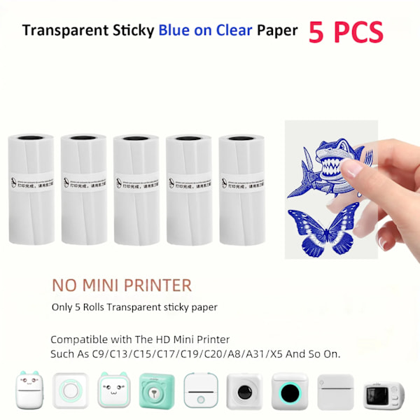 Transparent Termiskt Självhäftande Papper, 57x25mm Används För Mikro Termisk Skrivare Fotoutskriftspapper 5Rolls Blue On Clear