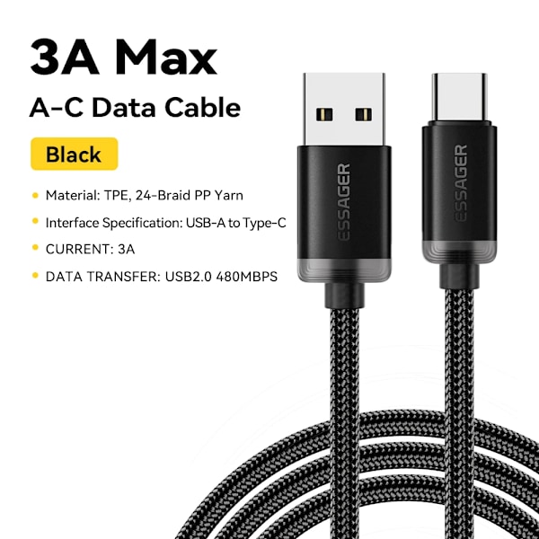 Essager 3A USB Typ C-kabel USB A till Typ C Snabbladdningskablar för iPhone 15 Samsung Xiaomi Mobiltelefon Data Laddare Sladd 3A Type-C  black 1m