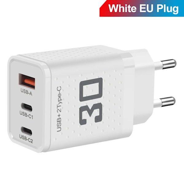 30W USB-laddare Quick Charge 3.0 PD Typ C Snabbladdande Telefonladdare Adapter För iPhone 15 Samsung Xiaomi 3 Portar Väggladdare White EU