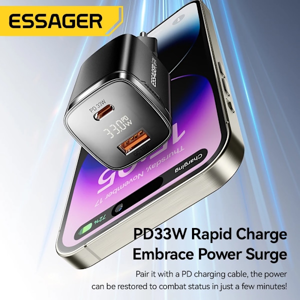 Essager 33W GaN USB Typ C Laddare Digital Display PD Snabbladdning För iPhone 16 15 14 Pro Max iPad Mini 6 Xiaomi Samsung S22 Black EU Plug