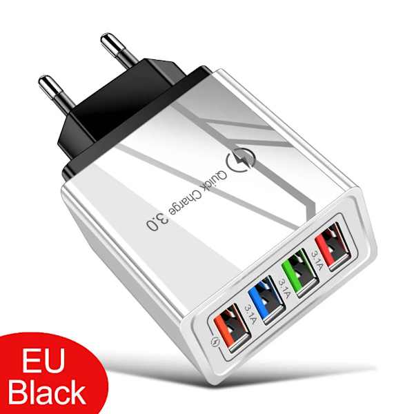 4 USB Laddare Snabbladdning 3.0 4.0 Port Snabb Laddning Väggadapter För iPhone 12 11 X Xiaomi Samsung Mobiltelefon Laddare QC 3.0 Black EU