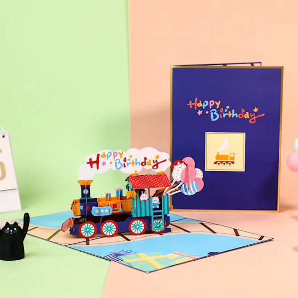 3D Pop Up Grattis på födelsedagen Bröllop Hälsning Inbjudningskort Pojke Flicka Barn Present Tackkort Miniatyrer Bästa Önskningar Vykort cute train