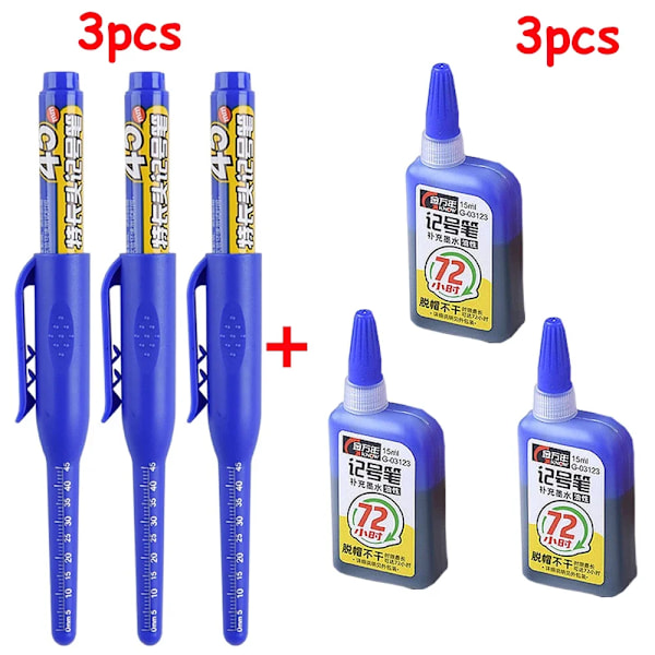 1-6 st 45 mm Vattentät Lång Huvud Nib Djupa Hål Markörer Penna Kakel Snickarpenna Multifunktionell för Träbearbetning Svart/Blå/Röd Bläck blue 3pen 3ink