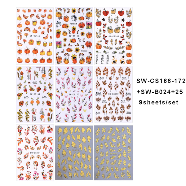 9 st Halloween Pumpa Nagelstickers Lönnlöv Självhäftande Dekal Slider Nageltillbehör Thanksgiving Höst Manikyr Dekoration SW-CS166-172 B024-25