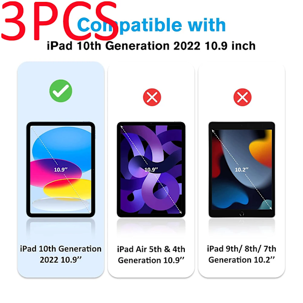 3 st glasskärmskydd för Ipad 2 3 4 air 2022 10:e 10.9 5:e pro 7.9 9.7 10.2 7:e 8:e 9:e generationen 10.5 mini 6 5 IPD 10th 2022 3PCS